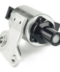 CVT valve body stepper motor with mounting flange; metal housing and black drive shaft