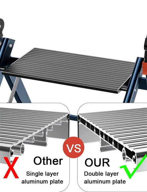 Heavy Duty 3 Step Anti Slip Aluminum Folding Stool For Home Use Supports Up To 375 Lbs Lightweight 20 Lbs ANSI EN131 Approved Workhorse For Kitchen Garage Laundry Attics And DIY Projects, double-layer aluminum plate detail