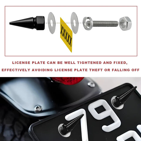 Badass Spike License Plate Screws For Cars, showing black spike fasteners with license plate and hardware assembly.
