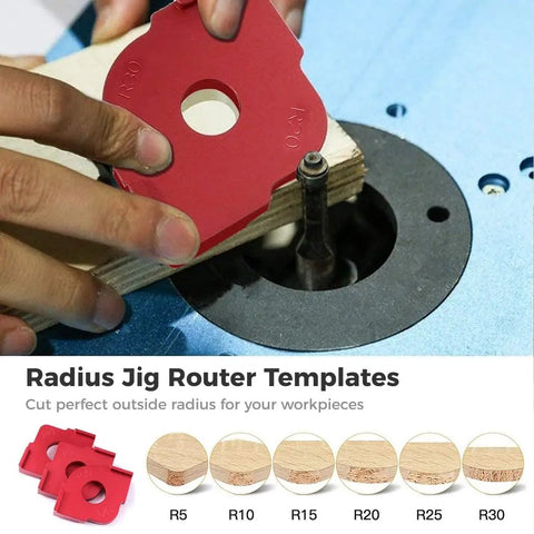 Rock Solid Aluminum Router Template Set Delivering Hella Precise Radius Cutting From R5 To R30 with R20 guide in use on wood.