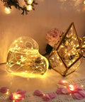 20 LED Fairy Lights On 6.5ft Silver Wire Battery Powered With Timer, Warm White Glow, 8 Lighting Modes in a heart vase