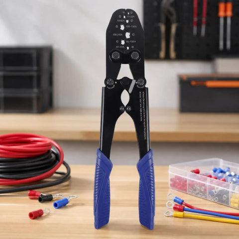 Professional Heavy Duty Manual Terminal Crimping Tool Pliers With Ergonomic Blue Grip on wooden workbench with wires and connectors.