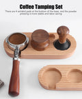Top Shelf Espresso Tamper And Coffee Distributor Station Kit Featuring Natural Wood Handle Anti Slip Base Pro Level 53Mm Portafilter Tool For Home Kitchens showing espresso tamper set with wood base and anti-slip pads.