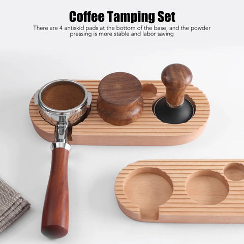 Top Shelf Espresso Tamper And Coffee Distributor Station Kit Featuring Natural Wood Handle Anti Slip Base Pro Level 53Mm Portafilter Tool For Home Kitchens showing espresso tamper set with wood base and anti-slip pads.