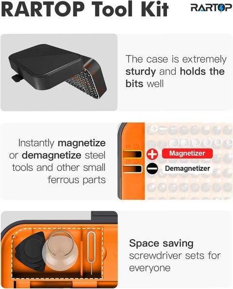 130-In-1 Precision Screwdriver Set With 120 Bits Magnetic Repair Kit case design and magnetizer feature for tool organization.