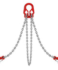 Three-chain lifting sling with red top connector, steel chains and red hooks for heavy lifting