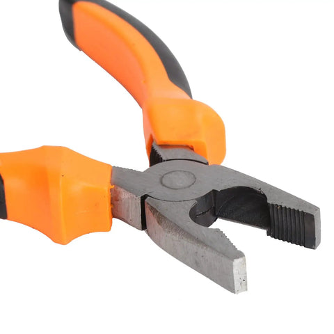 Pliers from the 9 Piece Home Repair Tool Kit With Screwdrivers, Pliers, Hammer, Utility Knife, Digital Electric Pen, Ruler, Electrical Tape, And Storage Box For DIY Projects, Household Maintenance, Garage And Workshop, featuring orange grips.