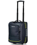 Underseat Carry On Luggage With Wheels 16 Inch 30L Waterproof PVC Weekender Bag Airline Approved Navy Blue Lightweight Durable For Men And Women With YKK Zippers And Easy Glide Rollers shown upright and closed