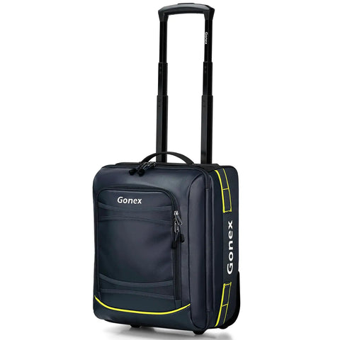 Underseat Carry On Luggage With Wheels 16 Inch 30L Waterproof PVC Weekender Bag Airline Approved Navy Blue Lightweight Durable For Men And Women With YKK Zippers And Easy Glide Rollers shown upright and closed