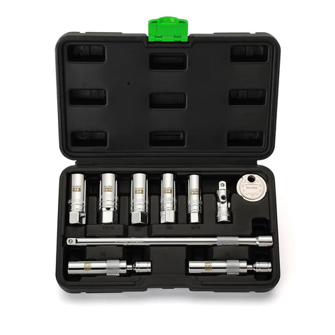 10 Piece Three Eighth Inch Drive Magnetic Spark Plug Socket Set With Swivel Head And Universal Joint Includes Nine Sixteenths, Five Eighths, Three Quarters, Thirteen Sixteenths, 14mm, 16mm, 18mm Chrome Vanadium Sockets in case