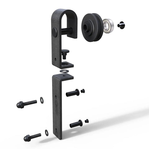 Detailed view of Heavy Duty 4ft Barn Door Track Kit For Two Doors With Aluminum Rail And Carbon Steel Rollers assembly components.