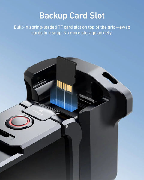 Street Grip Kit For DJI Action 6 With Metal Cage Camera Grip Holder Seesaw Shutter Button Aluminum Alloy Shell Backup TF Card Slot Quick Battery Access showing TF card insertion.