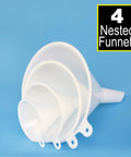 Four nested white Shielded Plastic Car Oil Funnel Set 4 Pack Wide Neck Auto Fluid Transfer Funnels on blue background.