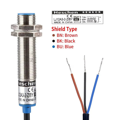 Inductive Proximity Sensor Switch M12 Shield Type LJ12A3 2 Z BY 2mm Detect Distance 10 To 30 V DC 200mA PNP Normally Open 3 Wire Cable 120cm For Metal Detection and Automation, shielded metal sensor with 3-wire leads