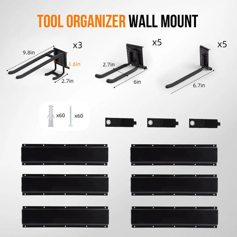 Components of Heavy Duty 99 Inches Garage Storage Rack Wall Mount That Holds Rakes Brooms Mops And Snowboards Up To 1000 Lbs