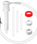 Handy 30cc Fluid Pump for Gallon Bottles with 4 cap adapters and extension tubes shown in white and red for spill-free transfer.