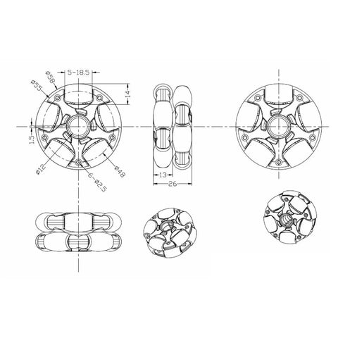 Technical drawing of 58mm Plastic Omni Wheel For Robot Car - Double Row, 360 Degree Rotating Omni Directional Wheel, NXT compatible