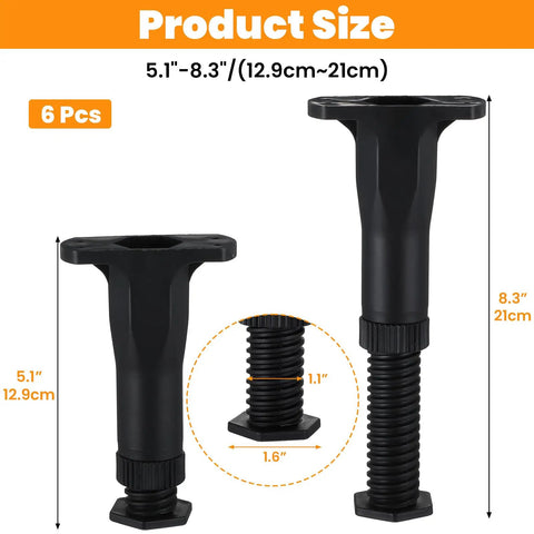 Built Tough As Nails Adjustable Bed Support Legs Six Pack Heavy Duty Telescopic Center Stands 5.1" to 8.3" size dimensions