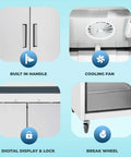 Features of 54 Inch Bottom Mount Double Door Commercial Reach In Freezer: handle, fan, lock display, break wheel.