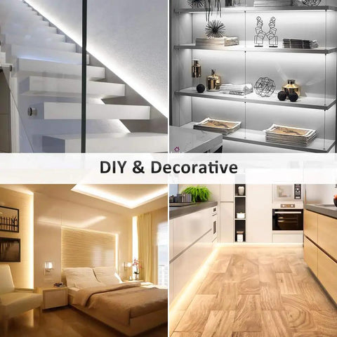 Various rooms illuminated by 20ft Tunable White LED Strip Light Kit With Dimmable 3000K to 6500K Range, 24V Tape Light