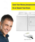 Man giving thumbs up next to Whirlpool and Maytag dryers and Door Switch Replacement For Whirlpool And Maytag Dryers Replaces 3406107 3406109 3405100 3405101 3406100 3406101 Easy Install DIY Friendly Durable Part That Keeps Your Dryer Running