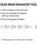 Diagram of the Draw Enhancer Tool with Nubber Punch Cutter showing blades and hook design, fits all cigar sizes.