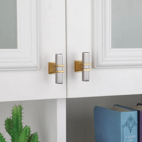 Top Shelf Brushed Nickel And Vintage Gold Cabinet Knobs 30 Pack Badass Stainless Steel Hardware With Super Tough Zinc Alloy Construction Perfect For Bedroom Drawers Kitchen Vanity Projects on white cabinet doors.