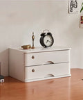 Solid Wood Desk Organizer With Locking Drawers, Monitor Riser, And A 2 Drawer File Cabinet on wooden desk with clock on top