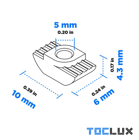 M5 Drop-In T-Nuts Set 100 Pcs Hammer Head T-Nuts For 6mm T Slot Aluminum Extrusion Carbon Steel Nickel Plated Anti Rust Hardware For 20 Series Extruded Aluminum Rails, 5mm size diagram