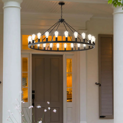 53 Inch Farmhouse Wagon Wheel Chandelier With 24 Lights Rustic Black Round Ceiling Light installed on porch