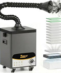 Beefed Up Solder Fume Extractor With 180W Motor And 320 m3 Per Hour Airflow, showing thickened prefilters and smoke absorbing chamber.