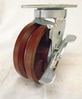 Heavy Duty Kingpinless Swivel Caster With Reliable Parking Brake And 7/8 Inch V Groove Ductile Steel Wheel side view on white background.