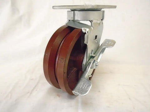Heavy Duty Kingpinless Swivel Caster With Reliable Parking Brake And 7/8 Inch V Groove Ductile Steel Wheel side view on white background.