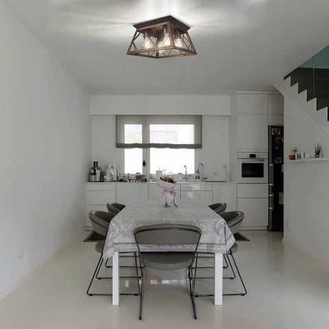 4 Light Industrial Farmhouse Flush Mount Ceiling Light Fixture With Wood Frame And Square Cage Close To Ceiling For Kitchen Hallway Dining Living Room Lamp Bulbs Not Included in a modern kitchen.