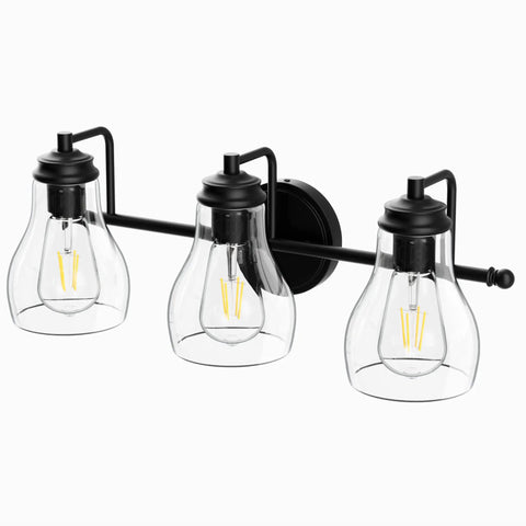 Black Three Light Vanity Light Fixture With Clear Glass Shades For Bathroom Over Mirror