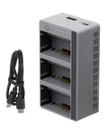 Three Slot Smart Drone Battery Charger Hub For Simultaneous Charging Of Drone Batteries with cooling system, grey, USB cable included.