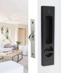 6.3 Inch Privacy Pocket Door Lock Hardware With Key for double barn doors, matte black zinc alloy, installed view
