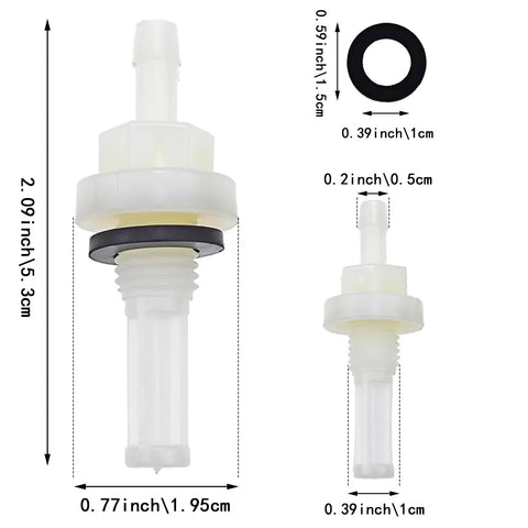 6 Pack Universal Gas Tank Joint Filters Replacement Adapters And Fittings For Honda Gas Tank Joint Filter Replacement Wear-Resistant Gasket Included Pack Of 6 displayed with measurements