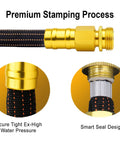 25ft garden hose with orange and black woven exterior and solid brass fittings; close-up of brass connector and braided hose