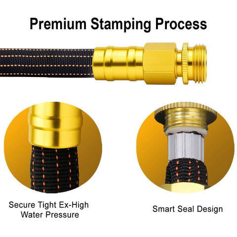 25ft garden hose with orange and black woven exterior and solid brass fittings; close-up of brass connector and braided hose
