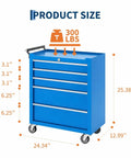 Badass Heavy Duty Five Drawer Rolling Tool Chest With Top Shelf Lock And Ridiculously Smooth Wheels For Hella Secure Garage Storage And Pro Shop Organization Built Tough In Blue, dimensions listed.
