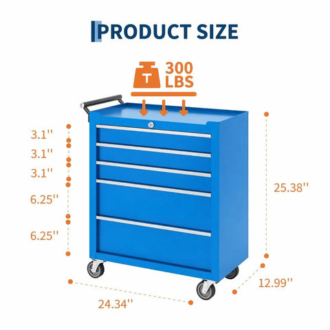 Badass Heavy Duty Five Drawer Rolling Tool Chest With Top Shelf Lock And Ridiculously Smooth Wheels For Hella Secure Garage Storage And Pro Shop Organization Built Tough In Blue, dimensions listed.