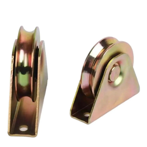 Heavy Duty Stainless Steel U Type V Groove Wheel For Sliding Gate Tracks Offering Slick Rolling Action And Top Shelf Wire Rope Traction Guide Pulley Assembly, showing two angles of the pulley.