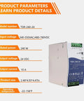 Heavy Duty Rock Solid 240W Din Rail Power Supply 24V DC 10A Amps Ultra Slim Fanless Metal Box with specifications and dimensions.