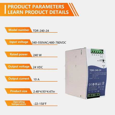 Heavy Duty Rock Solid 240W Din Rail Power Supply 24V DC 10A Amps Ultra Slim Fanless Metal Box with specifications and dimensions.