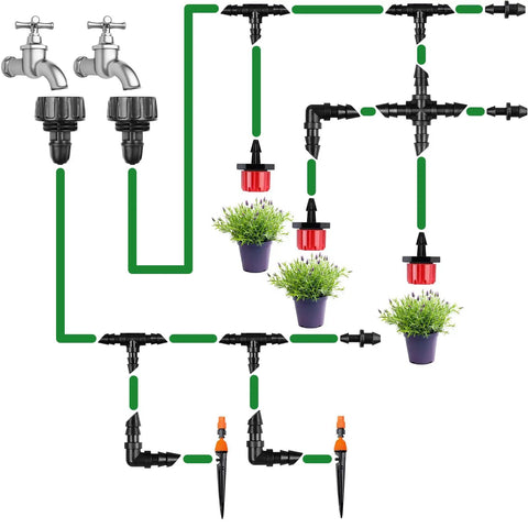 Garden hose setup with 1/4 Inch Drip Irrigation Tubing Faucet Adapter Set 8 Pack 3/4 To 1/4 Inch Hose Adapters and sprinklers