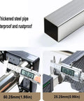 Adjustable Stainless Steel Appliance Stand detail showing thickened steel pipe and measurements with calipers for precision.
