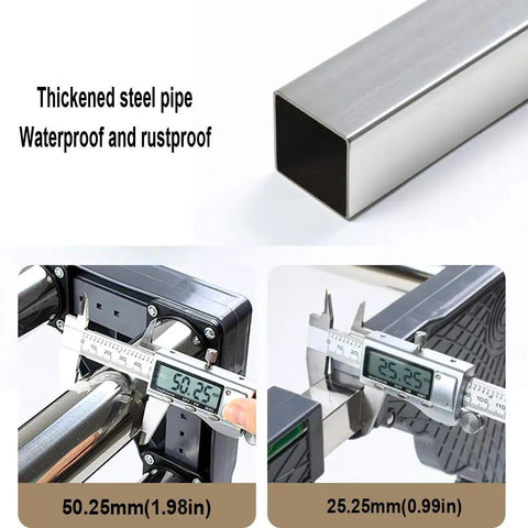 Adjustable Stainless Steel Appliance Stand detail showing thickened steel pipe and measurements with calipers for precision.