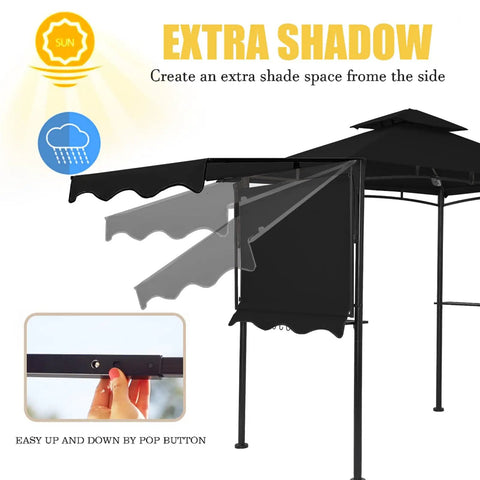 Side view of 5x8 Grill Gazebo With Extra Shade Awning Party Ready Vibe All Weather Steel Frame Double Tier Canopy Roof Black
