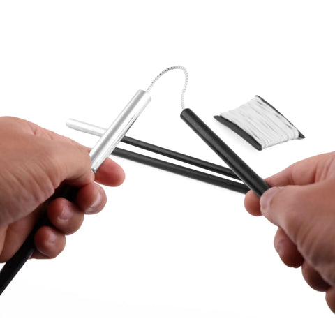 Hands holding tent poles with Replacement Shock Cord Kit for Tent Poles and Outdoor Gear Built Tough Elastic Bungee Cord in background